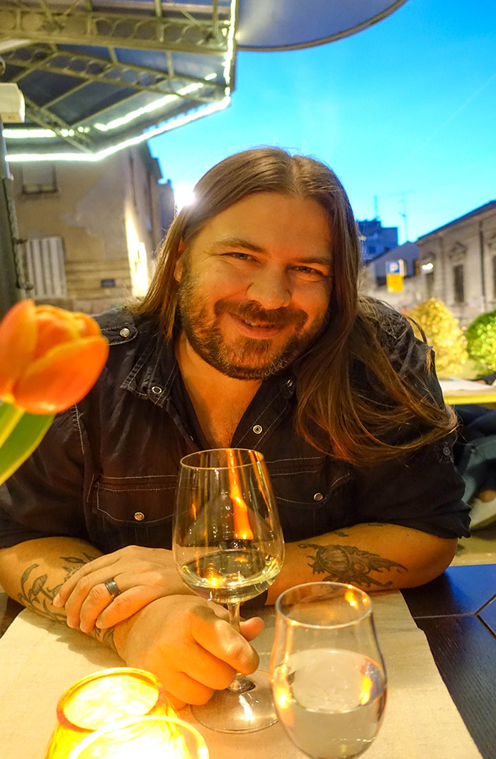 Lance drinking wine in Belgrade, Serbia
